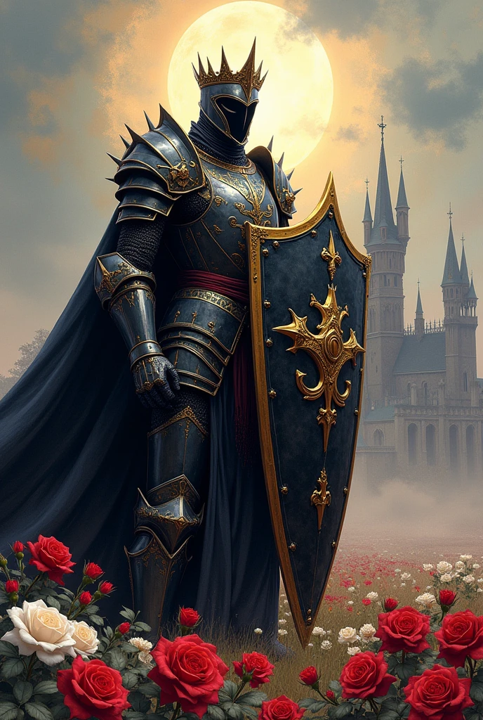Homem, sexy, com cabelos espetados prateados, full length wide angle view Glorious Glorious Brigh Monarch King Knight wuth a (Shield:1.5) in a highly detailed Heavy black Knight armor guilded with gold,silver in a High holding a Gold and black and Crimson (Shield:1.5) ; gothic castle background; photorealistic, insanely detailed, meticulous, awe inspiring, magnificent, concept art, dark fantasy, gothic; Anne Stokes, Anna Dittman, Greg Rutowski, Josephine Wal High Gothic Dark Fantasy DarkSouls EldenRings Enchanted:Gothic : watercolor Glorious Brigh Monarch King Knight with a Long warm cloak holding a Long enchanted round (Shield:1.5) in a highly detailed Heavy black Knight armor guilded with gold,silver in a field of Colorfull Roses under an Eclipse ::| hyperdetailed: maximalist ::| Stunning masterpiece::| Jonas De Ro: russ mills, white roses and Blood red Roses under a warm Autumnal Morning Sunlight, Mark Brooks and Dan Mumford, comic book art, perfect, smooth, in Gouache Style, Watercolor, Museum Epic Impressionist Maximalist Masterpiece, Thick Brush Strokes, Impasto Gouache, thick layers of gouache watercolors textured on Canvas, 8k Resolution, Matte Painting