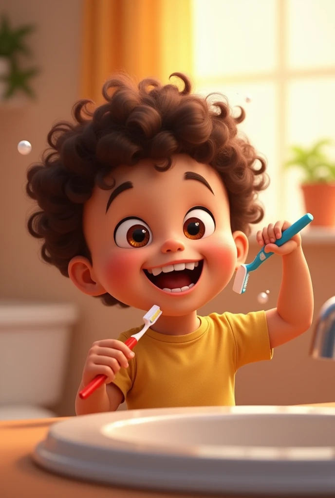 Create an animated image showing a three-year-old boy with dark brown curly hair brushing his teeth.