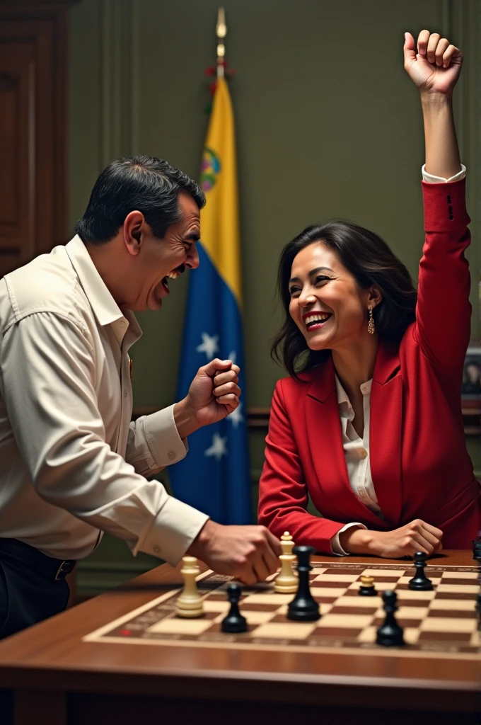 Nicolas Maduro of Venezuela angry because he lost a board game, Maria Corina Machado with a gesture of happiness. The board game should have the flag of the country of Venezuela. 