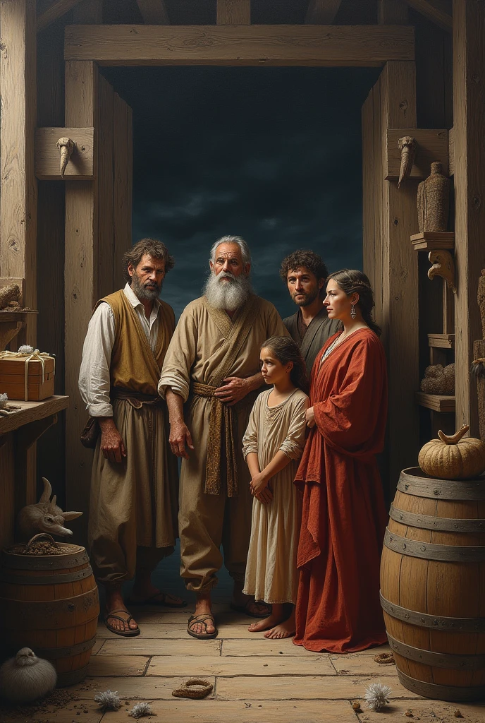 Noah and his family: A representation of Noah, his wife, children and daughters-in-aw inside the ark