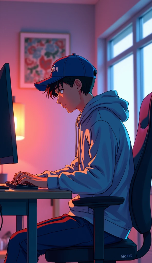 An anime studio with a table A computer placed on the table An anime boy sitting in the studio Leaning forward An anime boy wearing a hoodie A cap on his head Arjun Saran written on the hoodie South Korean man Sehra Forward