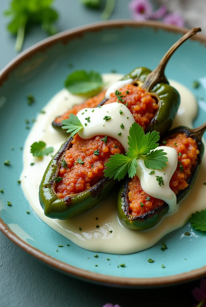 Green chile in nogada bathed in white sauce served on a round aqua plate