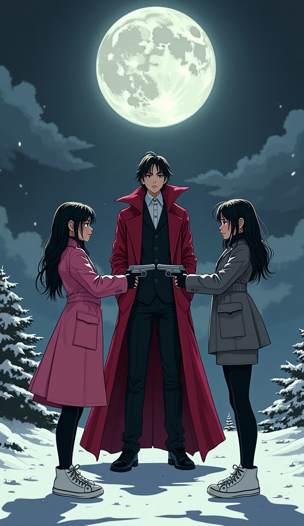 (Two girls, long black hairs, yuri, Vampire Hunters

The first girl wear a pink long coat, black shirt, pink pencil skirt, black underpants, black tights, black gloves, white sneakers high top.

The second girl wore a grey long coat, black shirt, grey pencil skirt, black underpants, black tights, black gloves, white sneakers high top.

holding a pistol handguns, pointing a guns to vampire red long coat black suit, shooting, snowing, black grey sky, fantastic night sky, moon, cartoon novel, 4K, HD