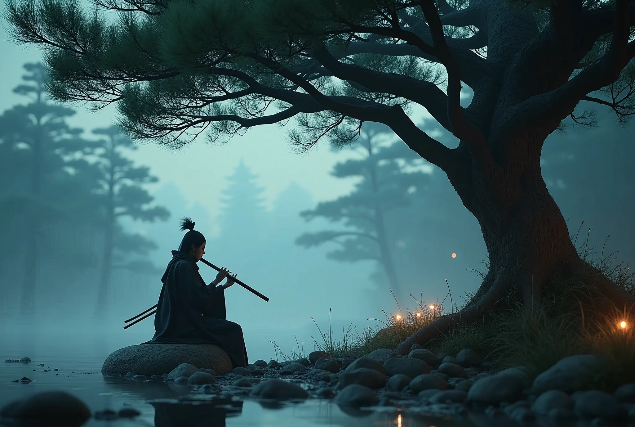 Low angle, low tilted POV. A lone samurai sitting on a stone under a Japanese pine tree, deeply absorbed in playing the Japanese shakuhachi flute, beautiful detailed eyes, beautiful detailed lips, extremely detailed face, long eyelashes, traditional Japanese clothing, cinematic lighting, dramatic shadows, mist and fog, moody atmosphere, intricate details, highly detailed, 8K, masterpiece, digital art, concept art, realistic, photorealistic. [Entire scene is surrounded by lights, evoking a magical and eerie atmosphere. The lighting is bright and atmospheric, with smoke adding a touch of sinister ambiance. Best quality image, HDR enhancement, showcasing the utmost level of detail and realism]. [8K, Best Quality, Ultra High Resolution, (highly detailed CG unity 8k wallpaper), (best photo), (best shadows), isometric 3D, octane rendering, ray tracing, highly detailed, (Best quality, 4K, 8k:1.2), absurdity, ultra detailed, (realistic, photorealistic, photorealistic:1.37), complex parts, HDR, (complex parts:1.12), (hyper detailed, hyper realistic, Soft lighting, spicy:1.2), (complex parts, Hyper detailed:1.15). Blurred foreground. (backlit), masterpiece, high quality, brightness, chromatic aberration, foggy smoke, shadows, contrast, clear sky, (warm hue, warm tone), high details, natural reflections].