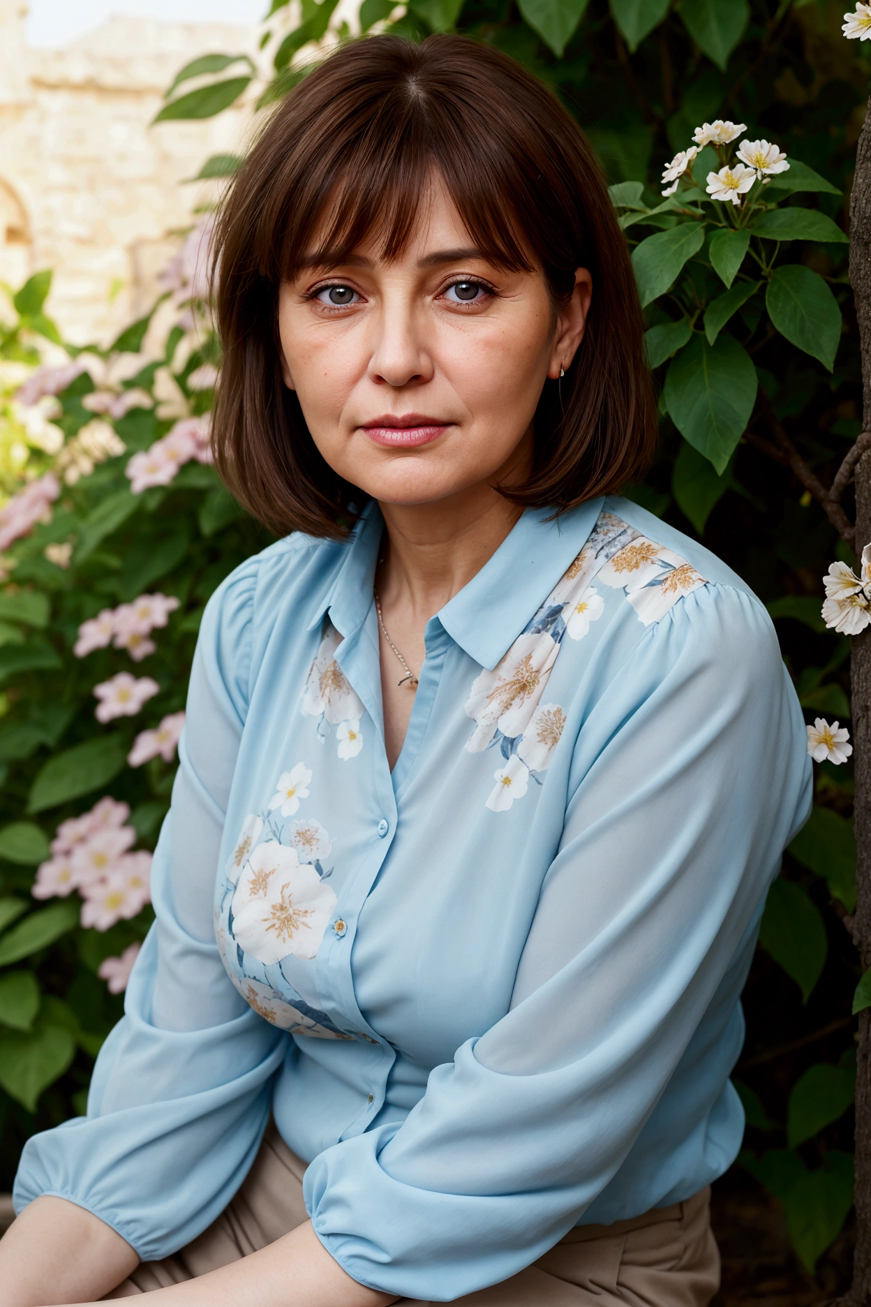 A woman with short light brown hair and bangs, appearing to be approximately 45 years old with some expression wrinkles, of Italian descent with light blue eyes, a little chubby, Wearing a floral blouse, seated in a garden with flowers, and manaca trees with their fragrance.