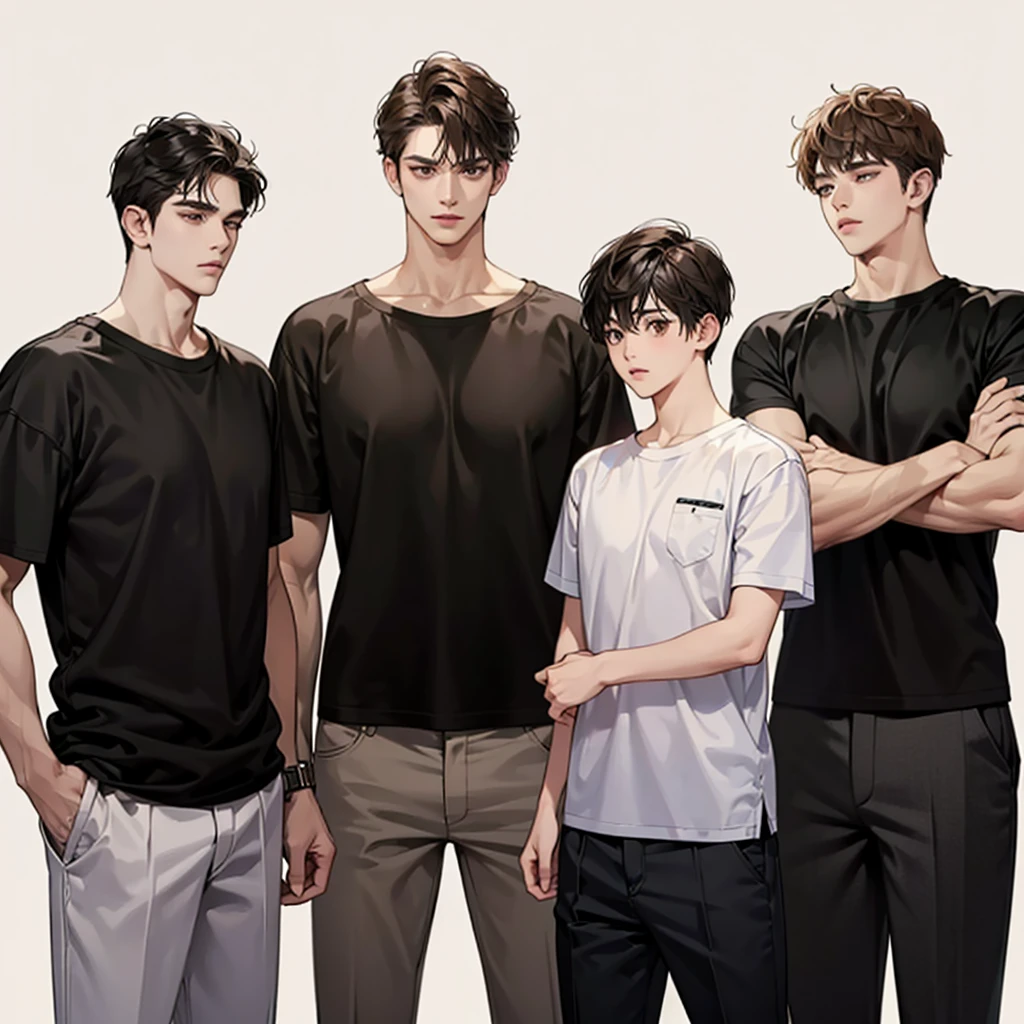 Four boys, black hair, brown eyes, brown background, high resolution, brown hair, stand in a line.., Wear a t-shirt, shut your mouth, handsome, cool,มองตรง,ครึ่งตัว