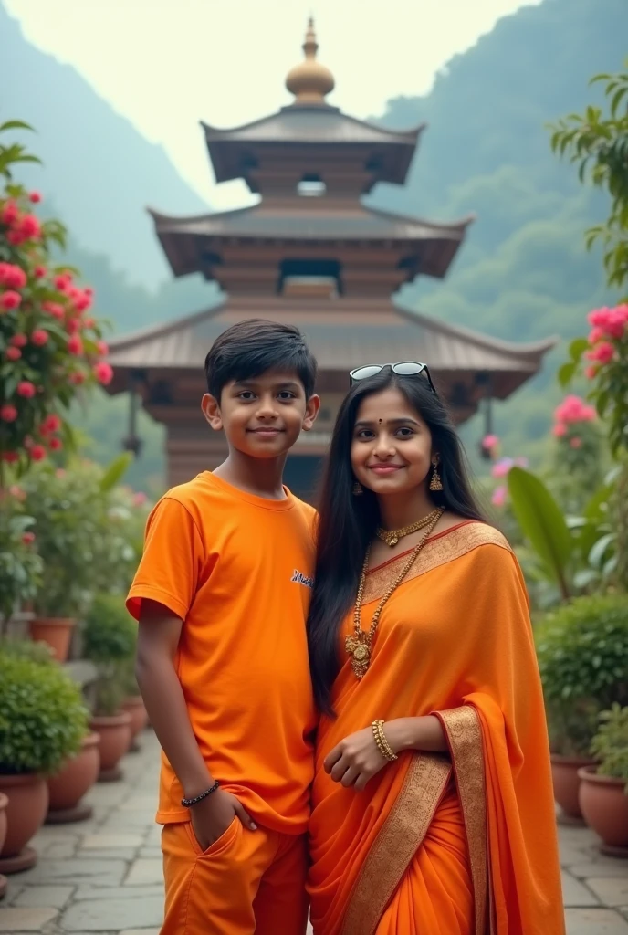 real indian 3 indian boy and girl standing close in the front of real Hindu lord Siva boy is wearing Orange t-shirt and pants with the text "Manoj" is clear written on t-shirt and girl name is "nirmala
wearing Orange saree and both are looking so cute, stylish hair both eyes are clean and clear showing suggesting a deoghar template in backgro8nd and background have plants, trees, mountain creating a whimsical atmosphere full blaring background ultra 16K