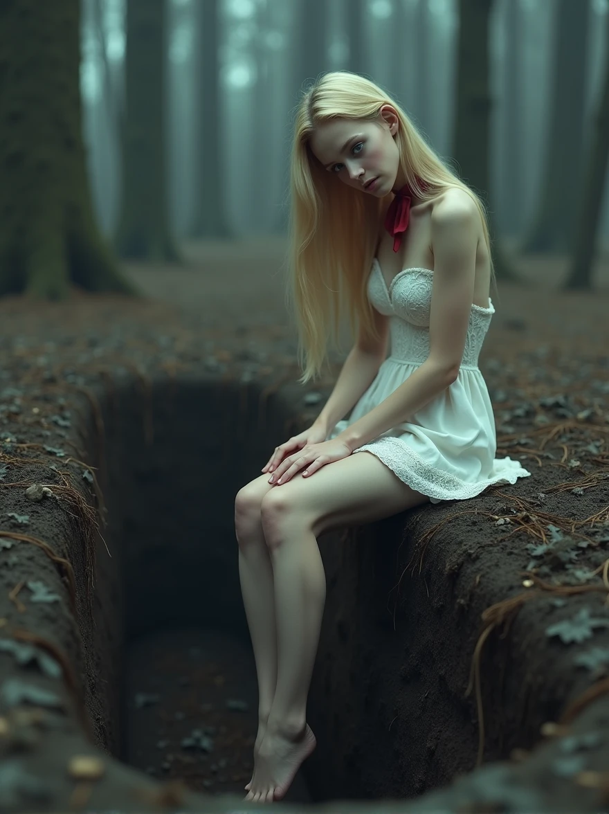 (Photorealism:1.1), Young woman, blonde, long hair, Long legs, Beauty, medium breasts, dressed in a white dress, gray eyes color, background dry gloomy forest, a view from inside the grave, Young woman сидит на краю могилы свесив ноги, a gaze directed inside the grave, looks away from the camera, a red lace bow on her neck, grave is dug in the ground, grave edges soil, the grave walls are made of earth, black earth