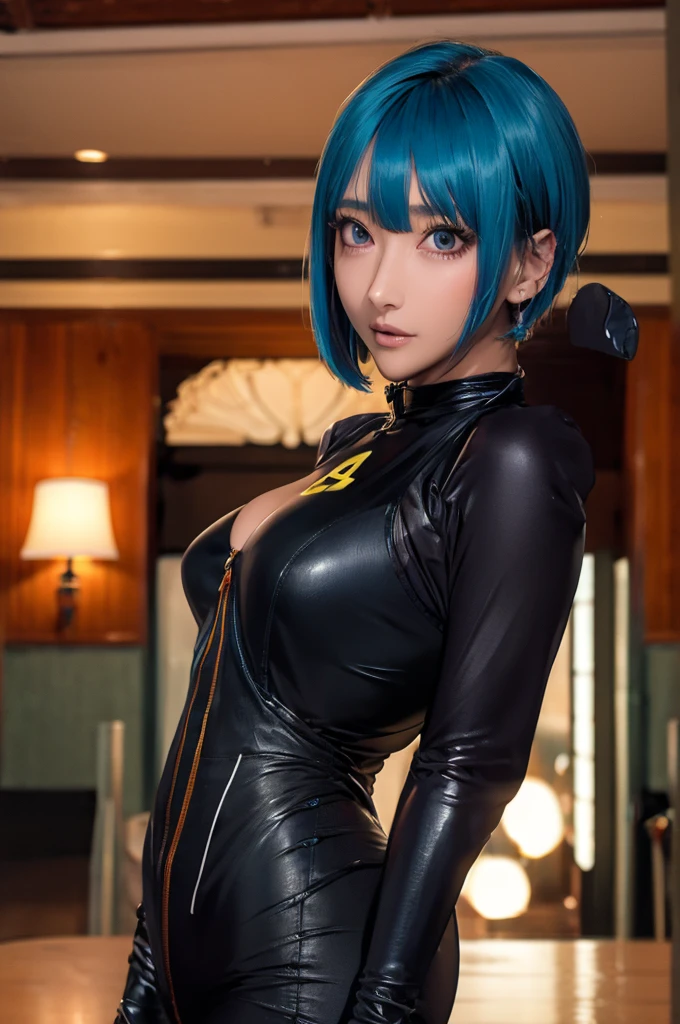 (Highest quality), Realistic, Gal,Sea of night,Sea of night辺,whole body,(((Big Breasts:1.2))),Sweat in the valley,Wet body,masterpiece,Accurate Human Anatomy,Realistic expression,,Become very clear,(short hair,Sharp bangs)Black panties,Fleshy crotch,(((Highest quality,Highest quality,8k images)))Blue Hair,Sexy pose,Evangelion Cosplay(Plug Suit)