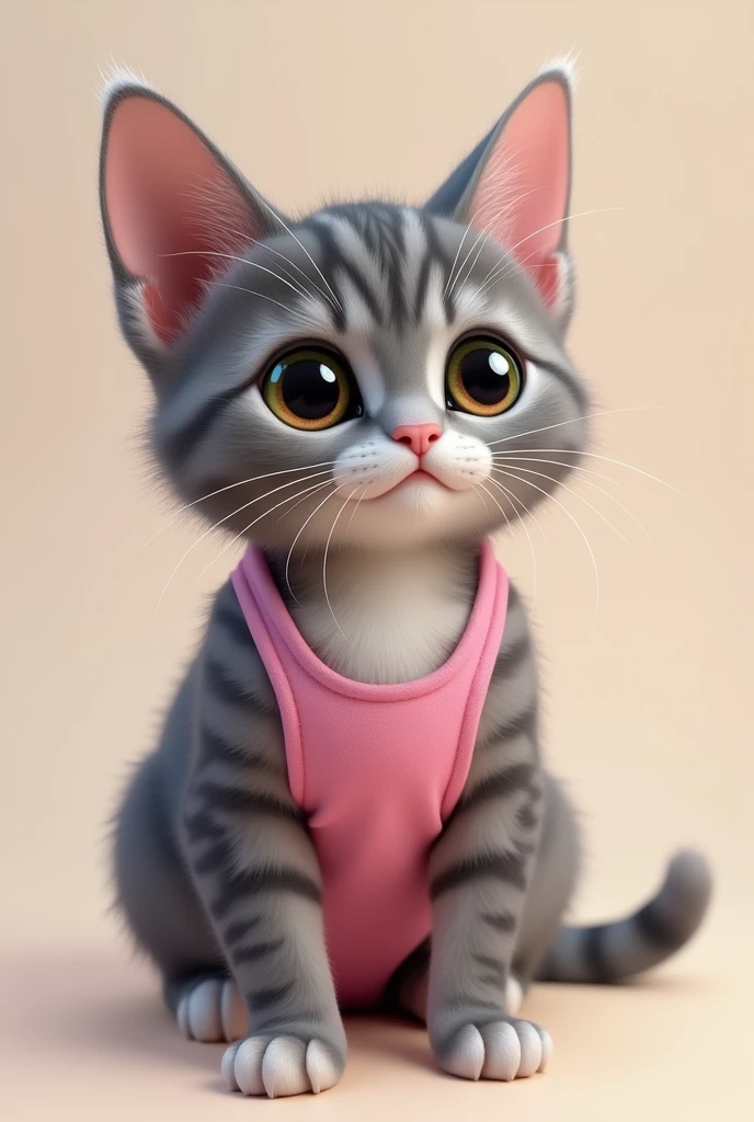 Create an image of an all-gray cat with stripes, white paw pads, brown eyes with a touch of green in the center, super cute, precious and adorable with very pointy ears and white tips on the ears, sexy and not too skinny, and white ears wearing a pink swimsuit.