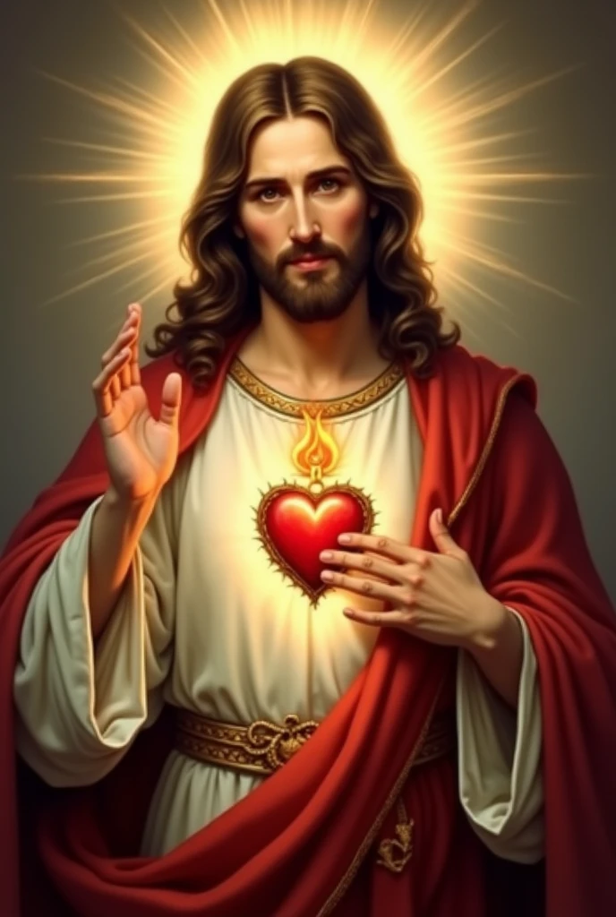 In this sacred image, Jesus Christ is portrayed with a tender and loving expression. Their head is usually moderately inclined and their eyes exude compassion and serenity. He is depicted with his right hand raised in victory and his left hand placed over his heart. (hands with five fingers)
The Sacred Heart itself is central to the image, visible prominently on Jesus' chest. It is often shown as a realistic, flaming heart surrounded by a crown of thorns. The flames are depicted as extended and intense, symbolizing Christ's fervent love and divine zeal. The crown of thorns that surrounds the heart signifies Jesus' suffering and sacrifice, as well as the redemption offered through his pain.
Jesus is typically dressed in a robe, which is often depicted in deep, rich colors such as red or white, symbolizing purity and sacrifice. The robe is often adorned with a sash or cord, adding to the overall majestic appearance. The background of the image may vary, but is commonly depicted with a soft, glowing light or radiant aura that emphasizes the sacredness of the scene.
Additional elements may include the depiction of rays of light emanating from the Sacred Heart, symbolizing divine grace and love extending to all humanity. The image can also be framed by various religious symbols or inscriptions, often conveying messages of faith, hope and love.
Overall, the Sacred Heart of Jesus is a powerful and evocative image, rich in the religious and imbued with deep spiritual meaning.