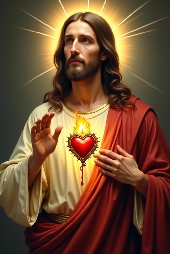 In this sacred image, Jesus Christ is portrayed with a tender and loving expression. Their head is usually moderately inclined and their eyes exude compassion and serenity. He is depicted with his right hand raised in victory and his left hand placed over his heart. (hands with five fingers)
The Sacred Heart itself is central to the image, visible prominently on Jesus' chest. It is often shown as a realistic, flaming heart surrounded by a crown of thorns. The flames are depicted as extended and intense, symbolizing Christ's fervent love and divine zeal. The crown of thorns that surrounds the heart signifies Jesus' suffering and sacrifice, as well as the redemption offered through his pain.
Jesus is typically dressed in a robe, which is often depicted in deep, rich colors such as red or white, symbolizing purity and sacrifice. The robe is often adorned with a sash or cord, adding to the overall majestic appearance. The background of the image may vary, but is commonly depicted with a soft, glowing light or radiant aura that emphasizes the sacredness of the scene.
Additional elements may include the depiction of rays of light emanating from the Sacred Heart, symbolizing divine grace and love extending to all humanity. The image can also be framed by various religious symbols or inscriptions, often conveying messages of faith, hope and love.
Overall, the Sacred Heart of Jesus is a powerful and evocative image, rich in the religious and imbued with deep spiritual meaning.