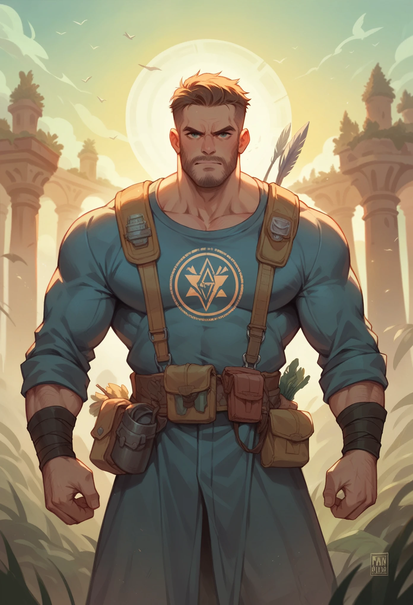 Logo of an electrician warrior in a paradisiacal landscape