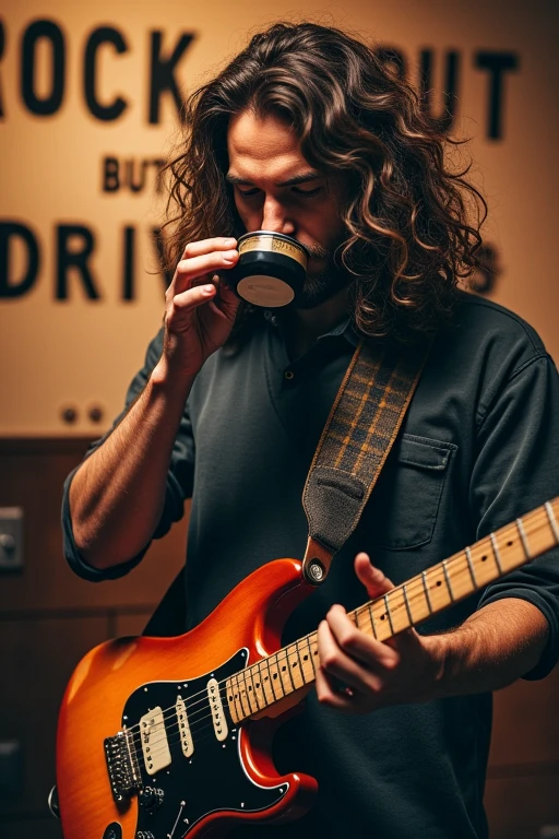 a man with long curly hair is playing an electric guitar but while drinking coffee and there is a big writing "ROCK BUT DRINK"