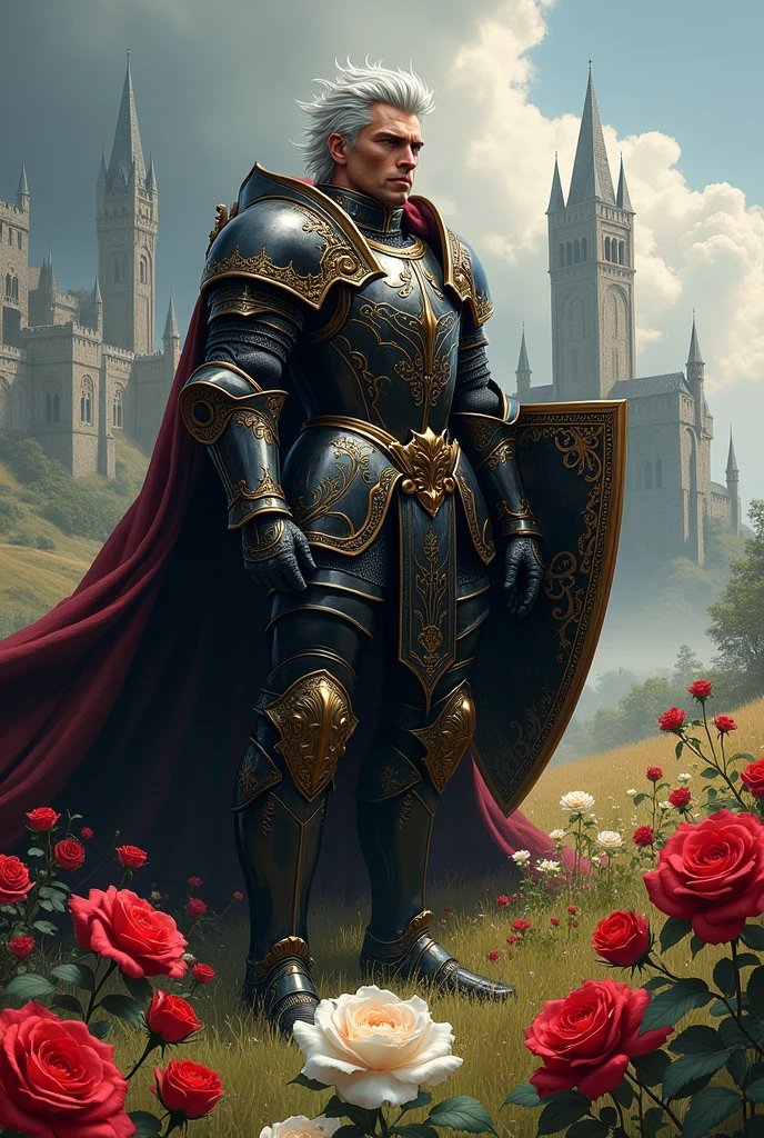 Homem, sexy, com cabelos espetados prateados, full length wide angle view Glorious Glorious Brigh Monarch King Knight wuth a (Shield:1.5) in a highly detailed Heavy black Knight armor guilded with gold,silver in a High holding a Gold and black and Crimson (Shield:1.5) ; gothic castle background; photorealistic, insanely detailed, meticulous, awe inspiring, magnificent, concept art, dark fantasy, gothic; Anne Stokes, Anna Dittman, Greg Rutowski, Josephine Wal High Gothic Dark Fantasy DarkSouls EldenRings Enchanted:Gothic : watercolor Glorious Brigh Monarch King Knight with a Long warm cloak holding a Long enchanted round (Shield:1.5) in a highly detailed Heavy black Knight armor guilded with gold,silver in a field of Colorfull Roses under an Eclipse ::| hyperdetailed: maximalist ::| Stunning masterpiece::| Jonas De Ro: russ mills, white roses and Blood red Roses under a warm Autumnal Morning Sunlight, Mark Brooks and Dan Mumford, comic book art, perfect, smooth, in Gouache Style, Watercolor, Museum Epic Impressionist Maximalist Masterpiece, Thick Brush Strokes, Impasto Gouache, thick layers of gouache watercolors textured on Canvas, 8k Resolution, Matte Painting