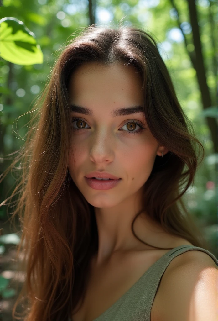 fille y aux yeux bruns, longs cheveux bruns et grands yeux, selfie d&#39;une jeune femme, dos, corps avec Artgram,  en foret