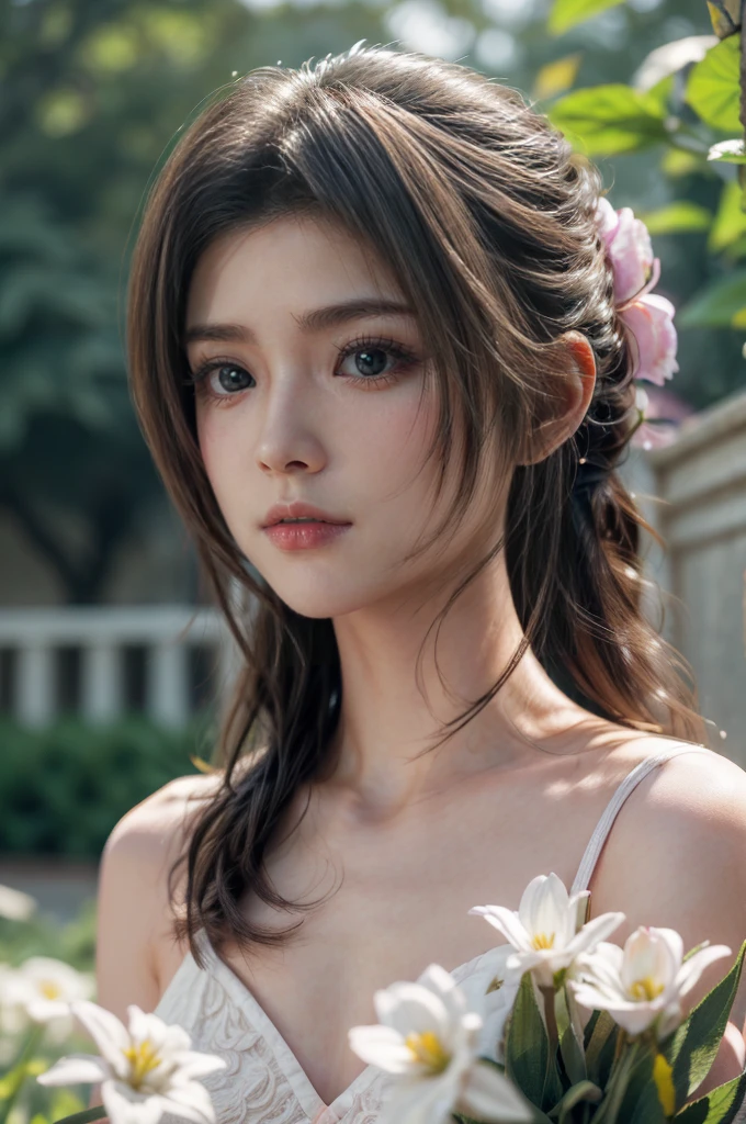 beautiful detailed eyes, beautiful detailed lips, extremely detailed eyes and face, long eyelashes, 1girl, photorealistic, hyper detailed, intricate details, cinematic lighting, magical, fantasy, ethereal, glowing, radiant, soft lighting, warm colors, vibrant colors, beautiful scenery, lush garden, flowers, nature, serene, peaceful, elegant, graceful, emotional, soulful