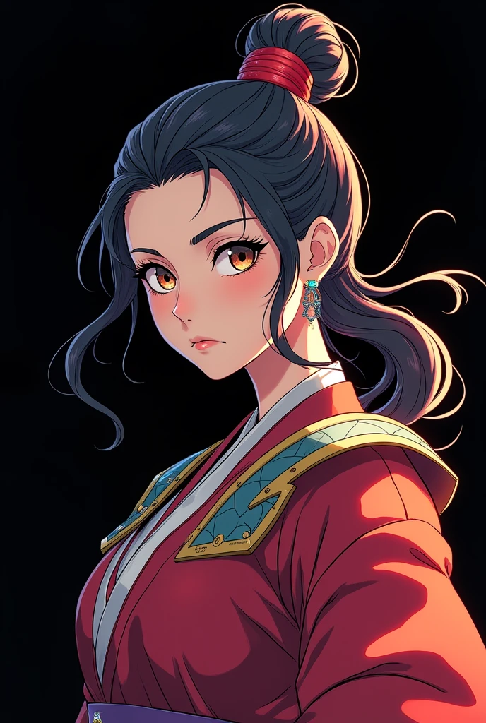 From the shoulders up, make a South Korean warrior girl with a black background, anime style.