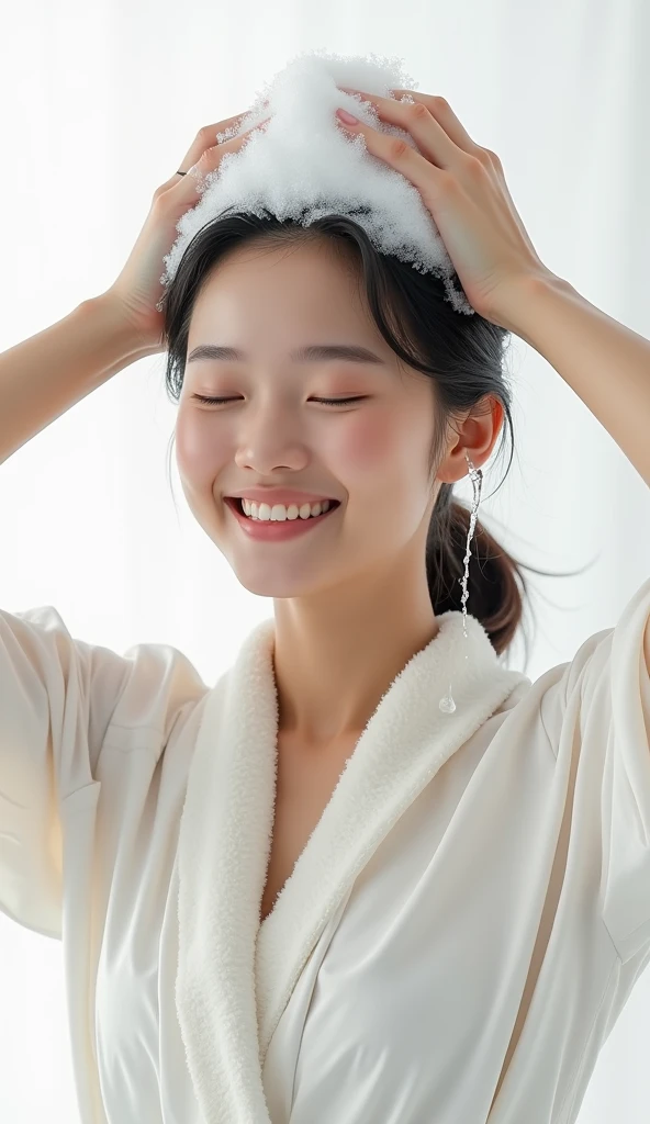Create an Asian beauty,Regular facial features,Wearing a white satin bathrobe,Scratch your scalp with both hands,Two hands washing hair on top of head,There is a lot of foam and water on the head,Foam wrap head,Real bubbles,Open your eyes,The expression is happy,Upper Body,The characters are realistic and realistic,Pure white background,Character front position,9:16 frames,Ultra-high-definition picture quality