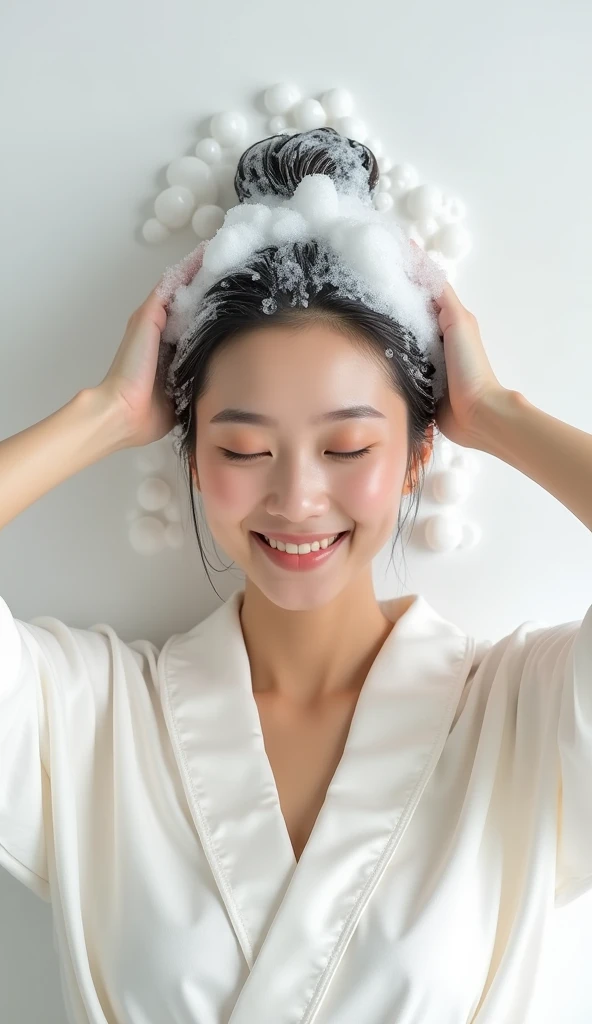 Create an Asian beauty,Regular facial features,Wearing a white satin bathrobe,Scratch your scalp with both hands,Two hands washing hair on top of head,There is a lot of foam and water on the head,Foam wrap head,Real bubbles,Open your eyes,The expression is happy,Upper Body,The characters are realistic and realistic,Pure white background,Character front position,9:16 frames,Ultra-high-definition picture quality