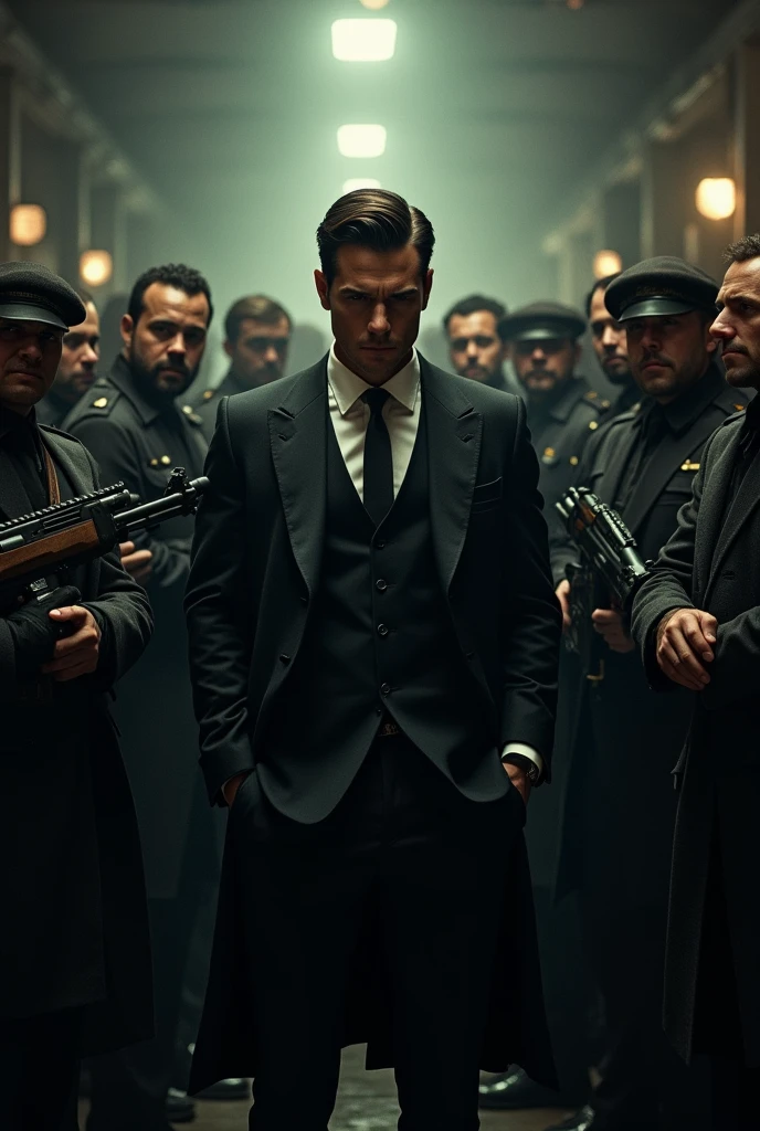 The young mafia boss and people with gun aroun him