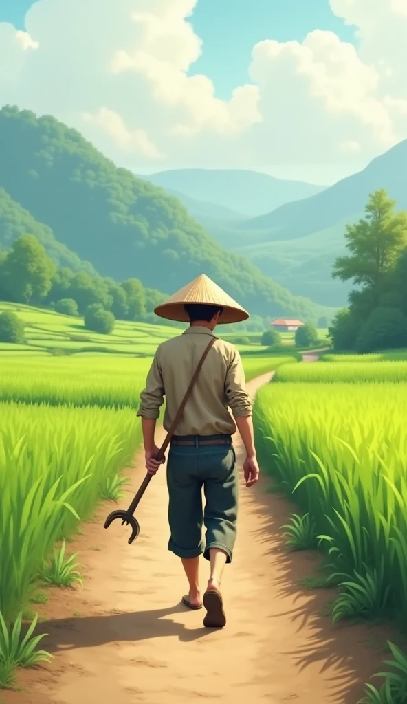 A 20-year-old male farmer wearing a conical hat and holding a short sickle walks on a small village road., on both sides are green fields.hình 2d