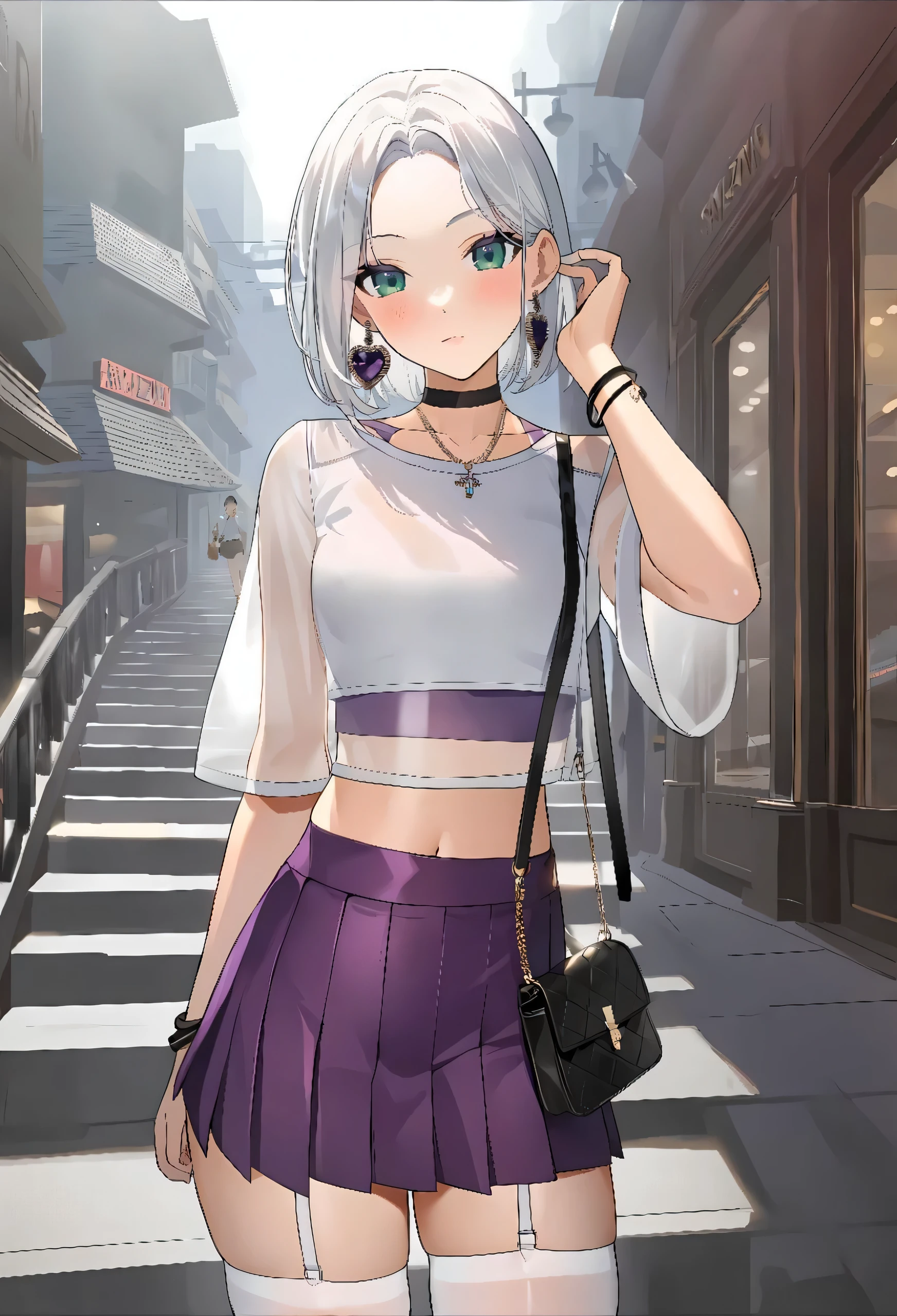 1girl, bag, bangs, black choker, blush, bracelet, breasts, building, choker, closed mouth, collarbone, cowboy shot, crop top, earrings, garter straps, emerald eyes, hand up, jewelry, looking at viewer, midriff, miniskirt, navel, outdoors, parted bangs, pleated skirt, purple skirt, railing, see-through, shirt, short hair, short sleeves, shoulder bag, skindentation, skirt, solo, standing, thighhighs, white hair, white shirt, white thighhighs, zettai ryouiki