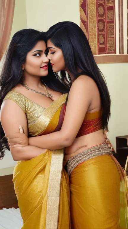 A beautiful gorgeous plump Indian 45-year-old woman wearing saree, huge breasts, cleavage, big ass, hot body curves, kissing a 21 years old handsome man lips in bedroom, both are kissing each other lips passionate sexy pose