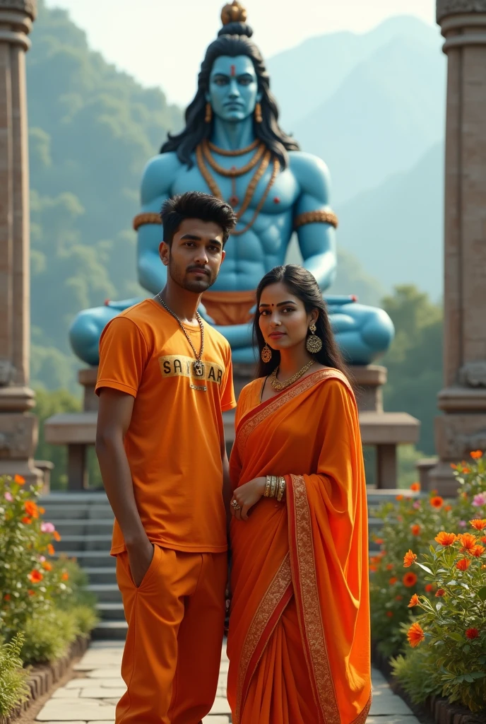 real indian 18 year old indian boy and girl standing close in the front of real Hind lord Siva boy is wearing Orange t-shirt and pants with the text "SAGAR" is clear written on t-shirt and girl wearing Orange saree and both are looking so cute, stylish hair both eyes are clean and clear showing suggesting a deoghar template in background and background have plants, trees, mountain creating a whimsical atmosphere full blaring background ultra 16K