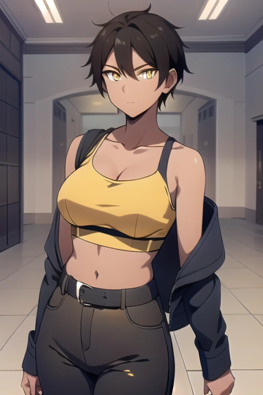 1girl, solo, 26 years old, tomboy, short hair, brown hair, (yellow eyes:1.5), tan-bronze skin, tan-skinned female, athletic figure, medium breasts BREAK opened blue jacket, black strapless top, (midriff), belt, shiny black leather pants BREAK looking at viewer, BREAK indoors, BREAK (masterpiece:1.2), best quality, high resolution, unity 8k wallpaper, (illustration:0.8), (beautiful detailed eyes:1.6), extremely detailed face, perfect lighting, extremely detailed CG, (perfect hands, perfect anatomy),
