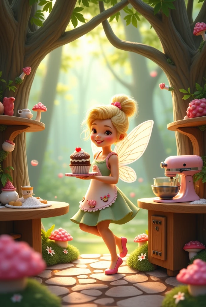 Imagine a Disney character in an enchanted forest kitchen setting:
colors: She uses soft and pastel shades like pink, lila, mint and yellow.
outfit: The fairy wears an adorable pastry apron with details like small cakes and cupcakes. Her dress is light and airy, in pastel tones.
around: The kitchen is in a magical forest, with trees that have branches that serve as shelves for baking utensils. There are bright flowers and mushrooms that act as furniture.
Accessories: The fairy uses a magical mixer with wings, and a small oven that seems to be made of wood with shiny details. There are floating ingredients around, like flour and powdered sugar.