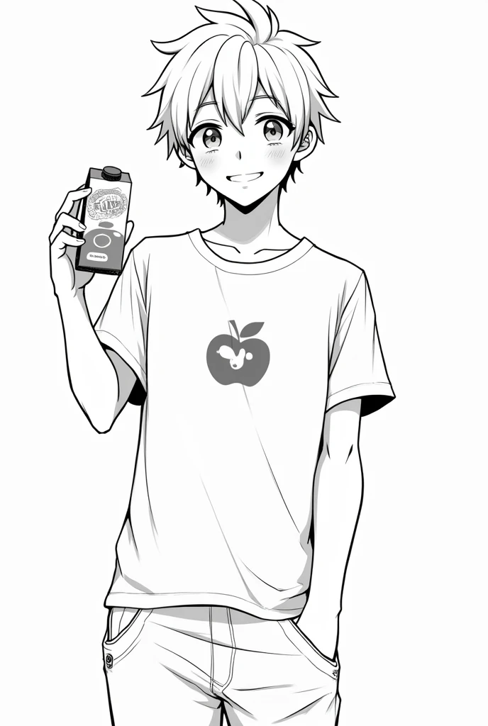 a guy drawn in anime. holds a carton of apple juice in his hand. Wears a T-shirt with a motif. Hair is short, smiles into the camera. black and white picture 