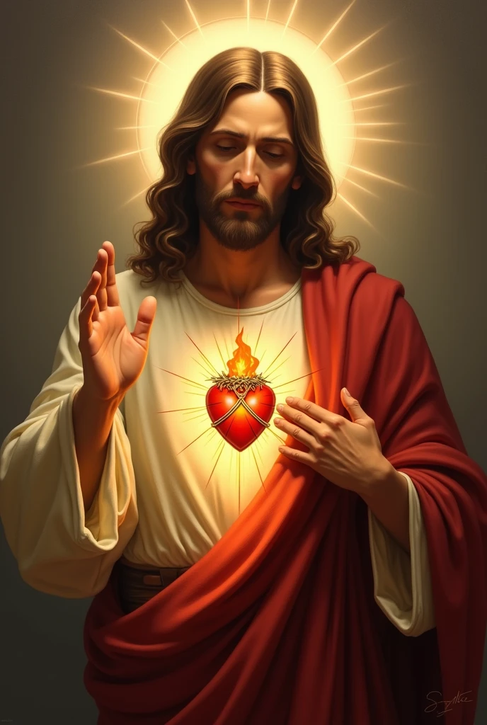 In this sacred image, Jesus Christ is portrayed with a tender and loving expression. Their head is usually moderately inclined and their eyes exude compassion and serenity. He is depicted with his right hand raised in victory and his left hand placed over his heart. (hands with five fingers)

The Sacred Heart itself is central to the image, visible prominently on Jesus' chest. It is often shown as a realistic, flaming heart surrounded by a crown of thorns. The flames are depicted as extended and intense, symbolizing Christ's fervent love and divine zeal. The crown of thorns that surrounds the heart signifies Jesus' suffering and sacrifice, as well as the redemption offered through his pain.

Jesus is typically dressed in a robe, which is often depicted in deep, rich colors such as red or white, symbolizing purity and sacrifice. The robe is often adorned with a sash or cord, adding to the overall majestic appearance. The background of the image may vary, but is commonly depicted with a soft, glowing light or radiant aura that emphasizes the sacredness of the scene.

Additional elements may include the depiction of rays of light emanating from the Sacred Heart, symbolizing divine grace and love extending to all humanity. The image can also be framed by various religious symbols or inscriptions, often conveying messages of faith, hope and love.

Overall, the Sacred Heart of Jesus is a powerful and evocative image, rich in the religious and imbued with deep spiritual meaning.