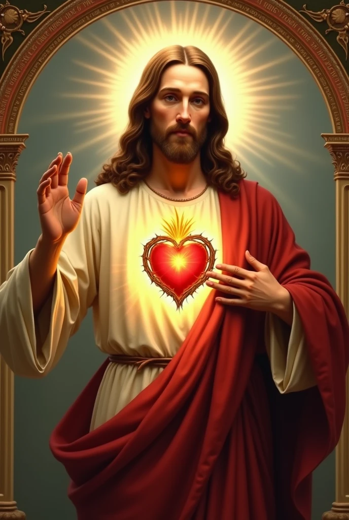 In this sacred image, Jesus Christ is portrayed with a tender and loving expression. Their head is usually moderately inclined and their eyes exude compassion and serenity. He is depicted with his right hand raised in victory and his left hand placed over his heart. (hands with five fingers)

The Sacred Heart itself is central to the image, visible prominently on Jesus' chest. It is often shown as a realistic, flaming heart surrounded by a crown of thorns. The flames are depicted as extended and intense, symbolizing Christ's fervent love and divine zeal. The crown of thorns that surrounds the heart signifies Jesus' suffering and sacrifice, as well as the redemption offered through his pain.

Jesus is typically dressed in a robe, which is often depicted in deep, rich colors such as red or white, symbolizing purity and sacrifice. The robe is often adorned with a sash or cord, adding to the overall majestic appearance. The background of the image may vary, but is commonly depicted with a soft, glowing light or radiant aura that emphasizes the sacredness of the scene.

Additional elements may include the depiction of rays of light emanating from the Sacred Heart, symbolizing divine grace and love extending to all humanity. The image can also be framed by various religious symbols or inscriptions, often conveying messages of faith, hope and love.

Overall, the Sacred Heart of Jesus is a powerful and evocative image, rich in the religious and imbued with deep spiritual meaning.