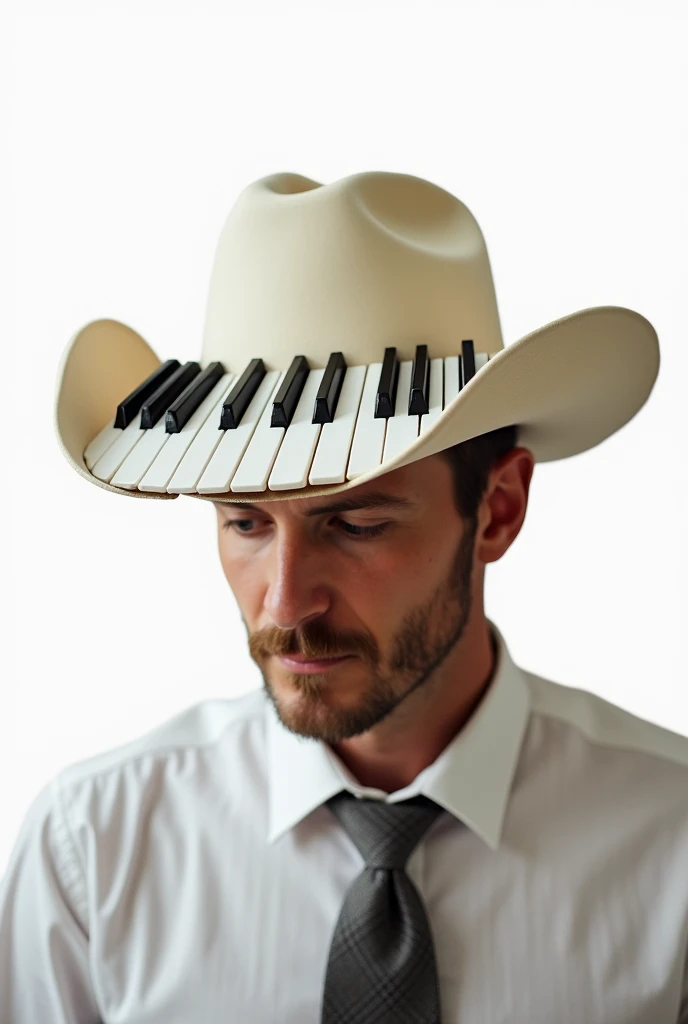 Head of a gentleman looking down and forward, with a cream-colored cowboy hat, musical keyboard replacing the entire brim of the hat, White background