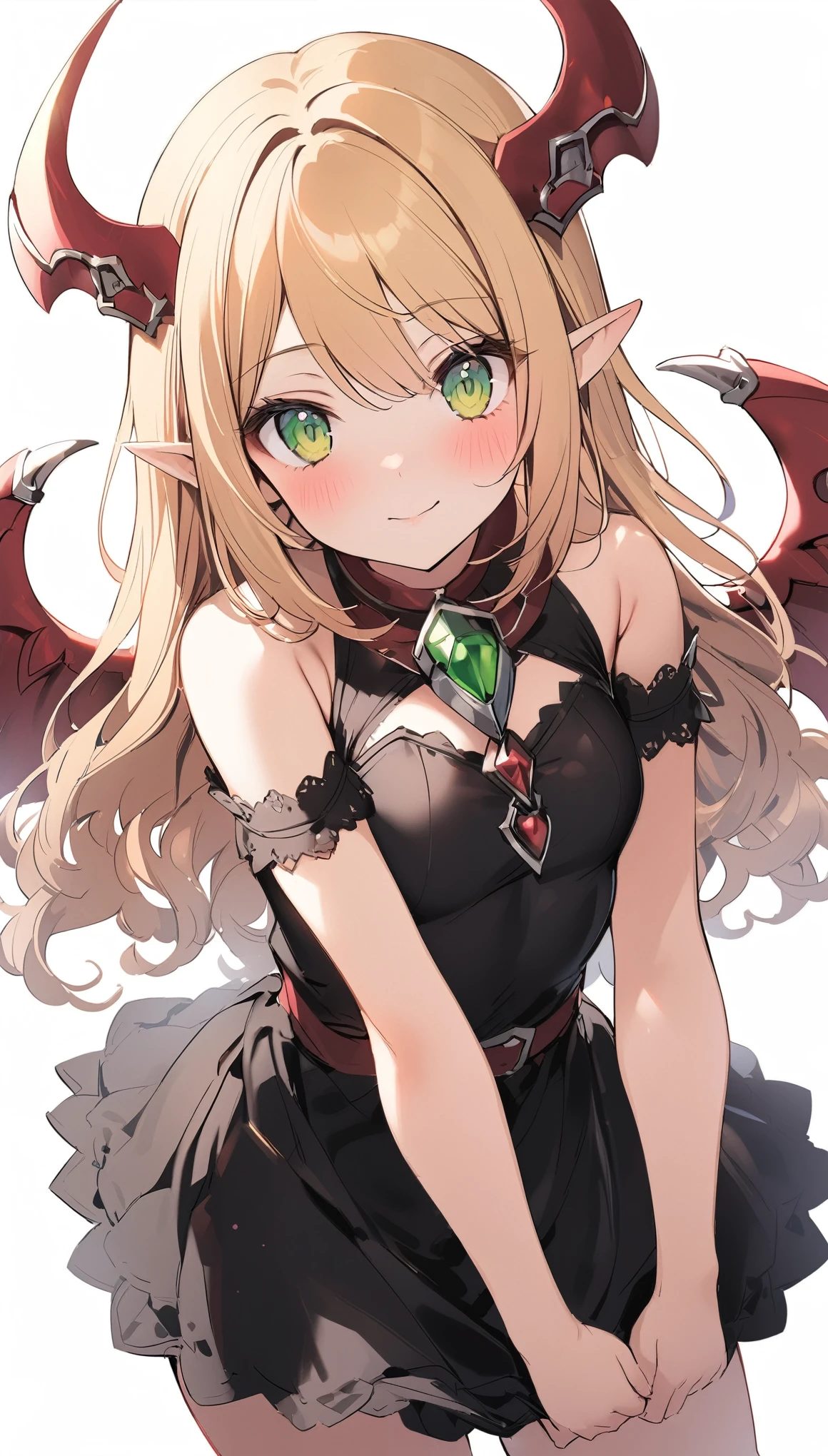 1 girl, princess connect(alisa),elf,elf_ear , (increasing the weight makes things worse),Raise the hand, Are standing, bangs, just_shoulder , blonde, green eyes, blush,long hair,uniform, white background