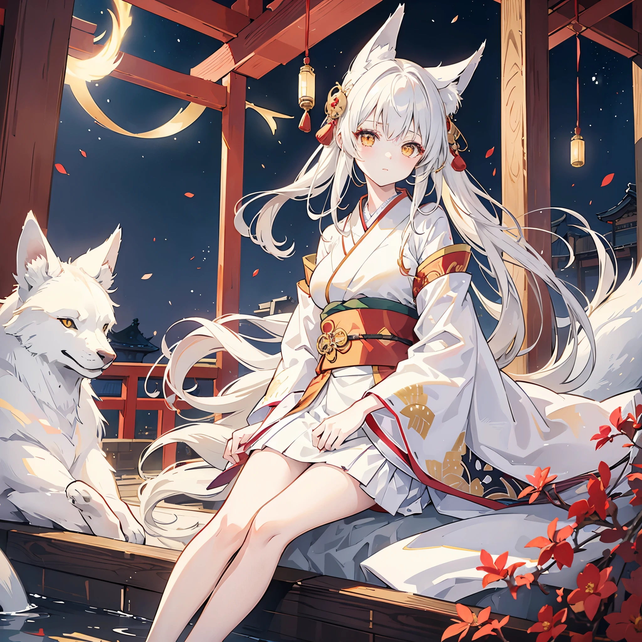 ((Ultra High Quality, Isekai Style)) A girl with fair-translucent skin, golden-yellow eyes and long, straight, loose white hair with some fiery red highlights. She looks like a 20-year-old girl, she wears a traditional white kimono with a red sash and gold details of Japanese letters. On her face she wears a kitsune mask, the style of her clothes are traditional Japanese and battle clothes. She has a mysterious and calm aura. She is sitting next to a Japanese temple.