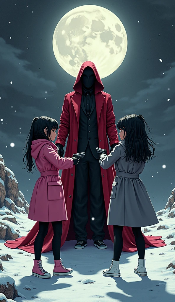 (Two girls, long black hairs, yuri, Vampire Hunters

The first girl wear a pink long coat, black shirt, pink pencil skirt, black underpants, black tights, black gloves, white sneakers high top.

The second girl wore a grey long coat, black shirt, grey pencil skirt, black underpants, black tights, black gloves, white sneakers high top.

holding a pistol handguns, pointing a guns to queen vampire red long coat black suit, shooting to queen vampire, snowing, black grey sky, fantastic night sky, moon, cartoon novel, 4K, HD