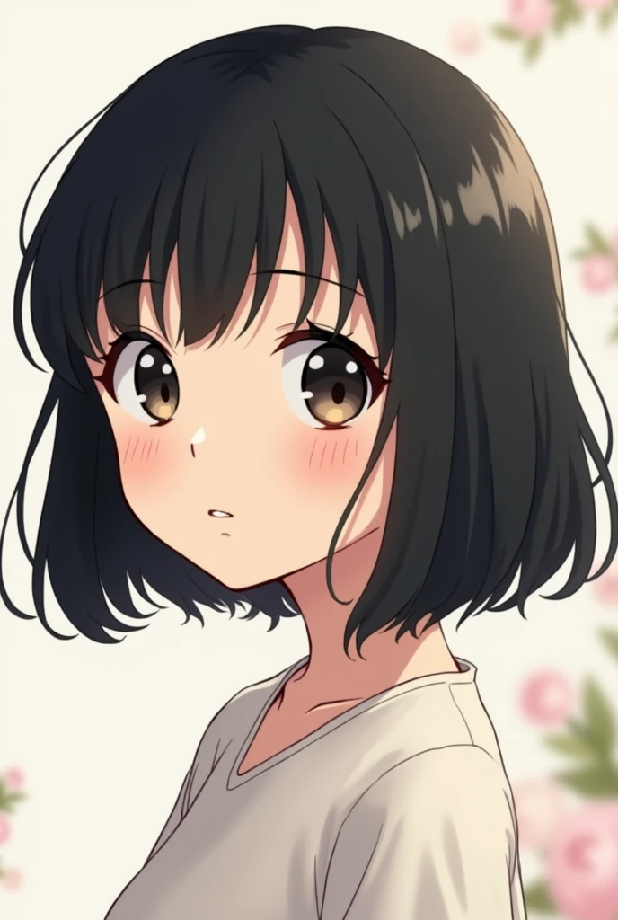 anime girl kids 6 year old , beautiful and cute, brownish black eyes, bob haircut, bangs curtains, , black hair cute
