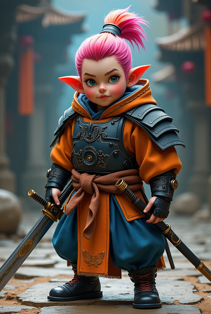 Create a young Samurai Gnome , with futuristic and medieval samurai clothing, colorful hair, and of average height, with a large aura of power