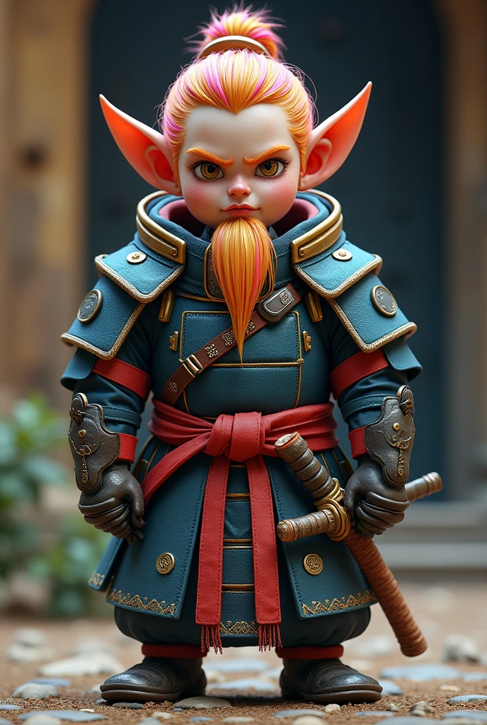 Create a young Samurai Gnome , with futuristic and medieval samurai clothing, colorful hair, and of average height, with a large aura of power 