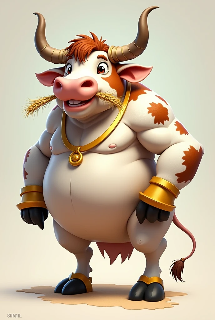 Personnage inspiré d'une vache cartoon avec des tache marrons est blanche des corne fine sur sa tête du blé sur sa bouche des soulier noir est blanc sur s'est sabot des sabot en main une bague d'or sur sont nez est que le personnage a un côté un de cartoon avec le fait qu'il soi très très grand est musclé est fine avec sont corps de vache