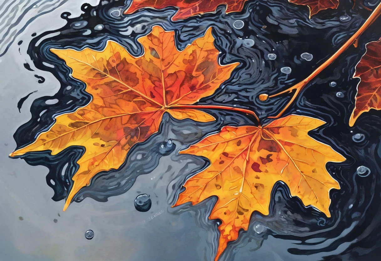 Ink illustration, realistic, extremely detailed, a close up of a fall sugar maple leaf floating on a reflective pond, vibrant color palette, asymmetrical fractals, sense of depth, ink stains, ink runs, ink splatters, ink spots