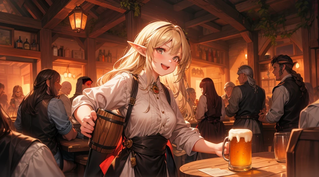 An illustrated scene set in a lively fantasy tavern at twilight. The focus is on a cheerful elf waitress, a young woman with long flowing hair and pointed ears, wearing a traditional tavern outfit. She is smiling warmly as she carries a large tray of mugs filled with beer, distributing them to a diverse group of patrons gathered around a round wooden table. The background shows a bustling tavern filled with various races, including humans, dwarves, and elves, all engaged in lively conversation. The setting is cozy, with a warm glow from lanterns and a large hearth, casting a soft, inviting light. The overall mood is vibrant yet warm, with a mix of soft browns, golds, and oranges to reflect the twilight hour.