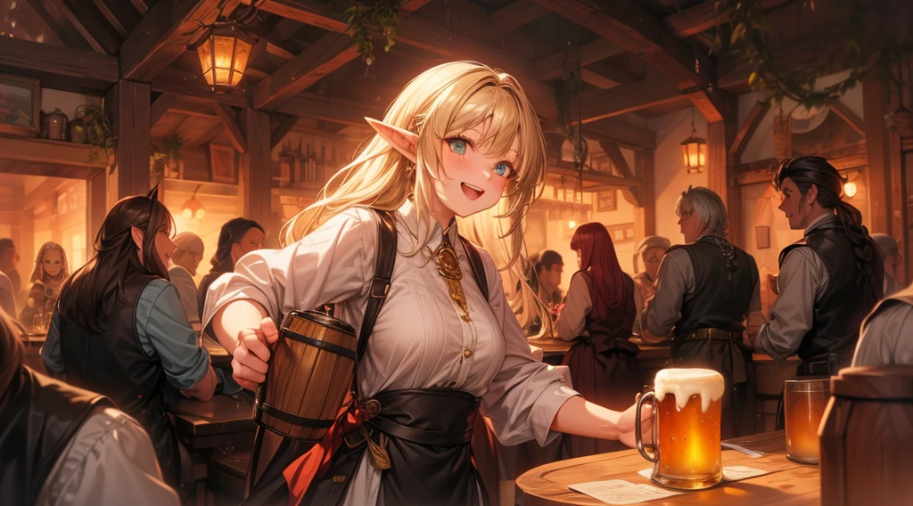 An illustrated scene set in a lively fantasy tavern at twilight. The focus is on a cheerful elf waitress, a young woman with long flowing hair and pointed ears, wearing a traditional tavern outfit. She is smiling warmly as she carries a large tray of mugs filled with beer, distributing them to a diverse group of patrons gathered around a round wooden table. The background shows a bustling tavern filled with various races, including humans, dwarves, and elves, all engaged in lively conversation. The setting is cozy, with a warm glow from lanterns and a large hearth, casting a soft, inviting light. The overall mood is vibrant yet warm, with a mix of soft browns, golds, and oranges to reflect the twilight hour.