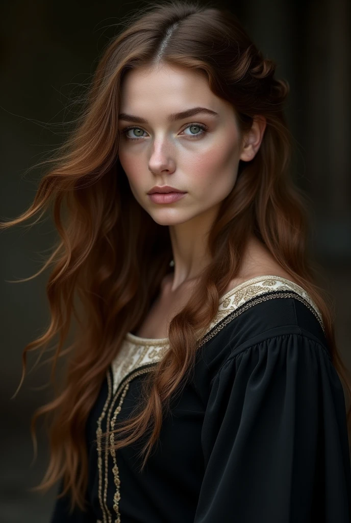 Brown-haired woman wearing medieval black 