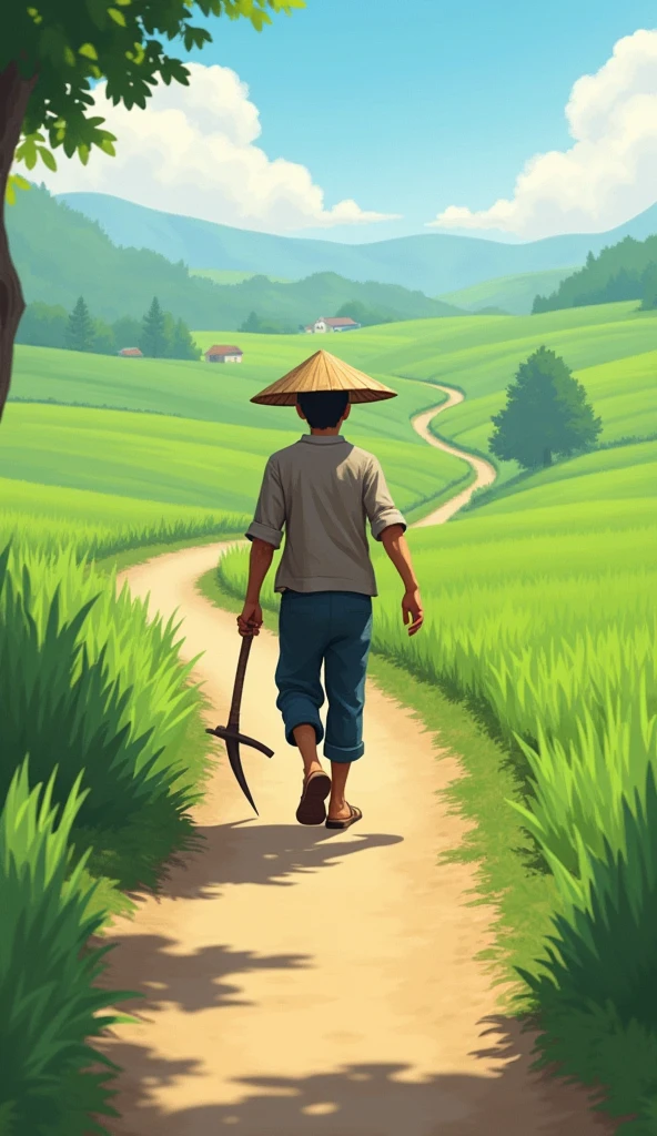 A young farmer, 20 years old, wearing a conical hat and holding a sickle, walks down a small village path., on both sides are green fields.hình 2d