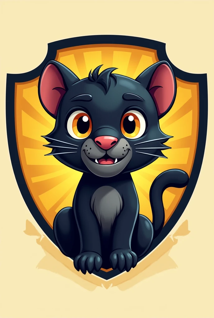 Create a shield with a cute animated black panther, suitable for children, with a golden shield background and the main title "G5 PANTHERS"