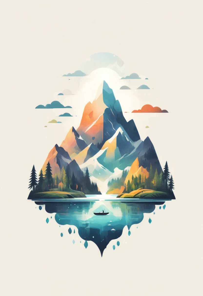 t-shirt design, impressive painting of a mountain with trees and water, a detailed painting by Petros Afshar, shutterstock contest winner, environmental art, detailed painting, outlined art, 2d game art, isolated background for logo