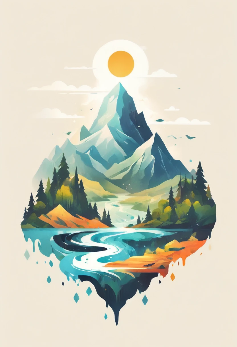 t-shirt design, impressive painting of a mountain with trees and water, a detailed painting by Petros Afshar, shutterstock contest winner, environmental art, detailed painting, outlined art, 2d game art, isolated background for logo